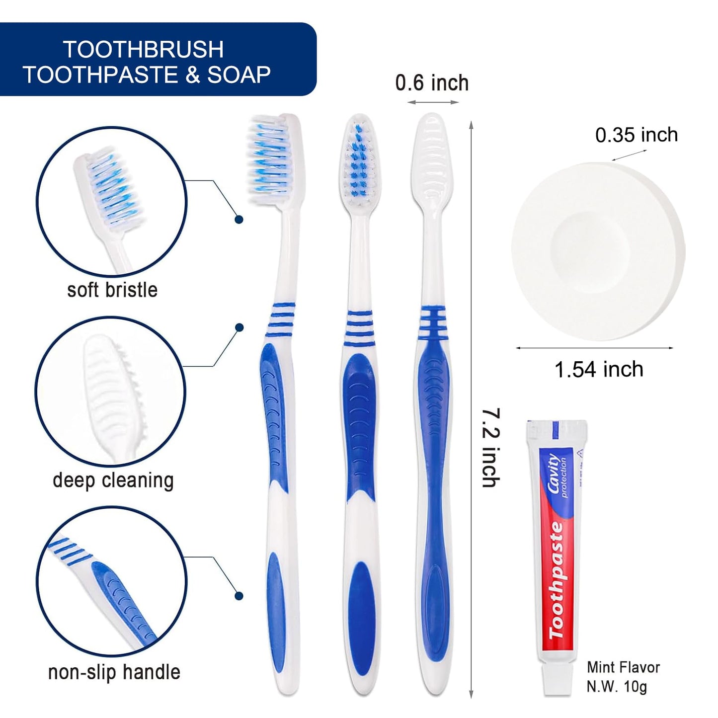 SLequipo 100 Set Disposable Toothbrushes with Toothpaste and Soap Individually Wrapped, 100 pcs Toothbrushes 5 Colors with 100 pcs Bar Soap(0.5 oz)