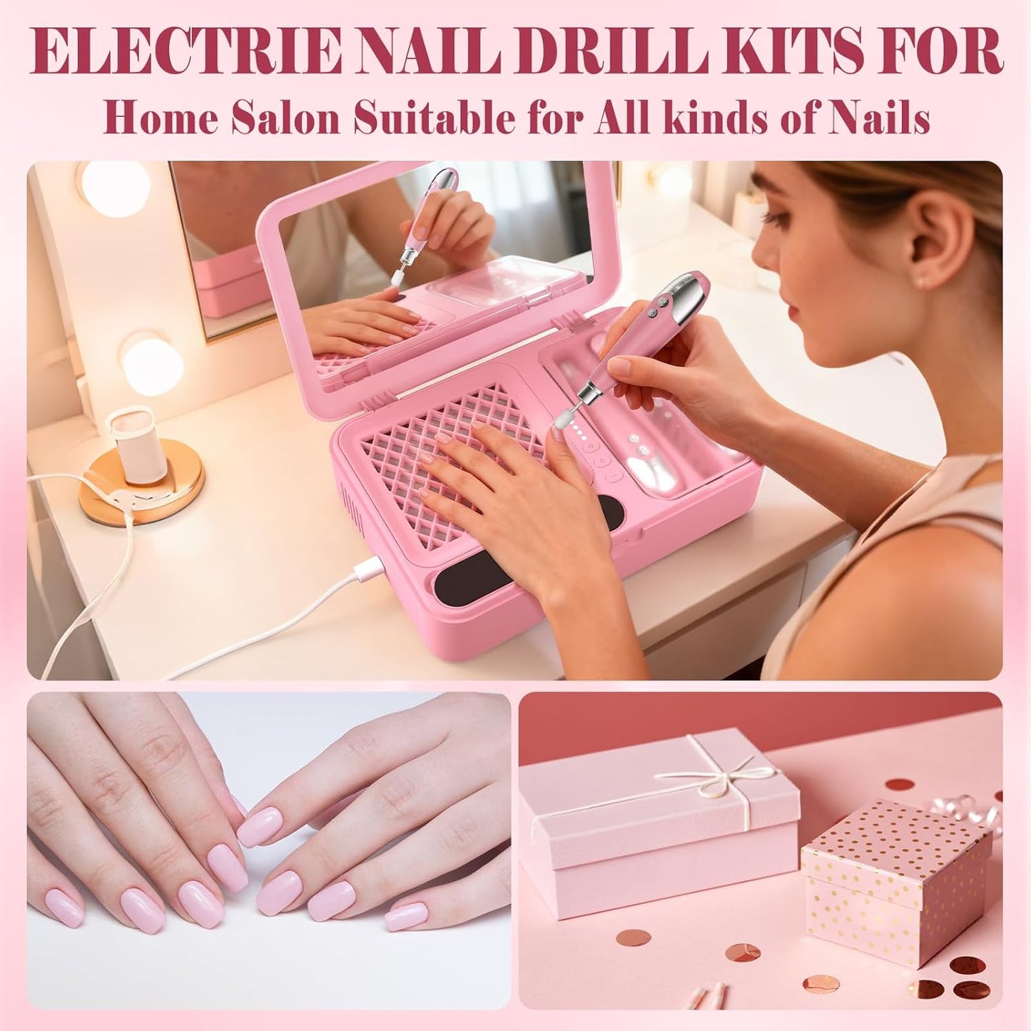 Nail Dust Collector & Cordless Electric Nail Drill Kit | Professional Manicure & Pedicure with 13 Bits - Pink