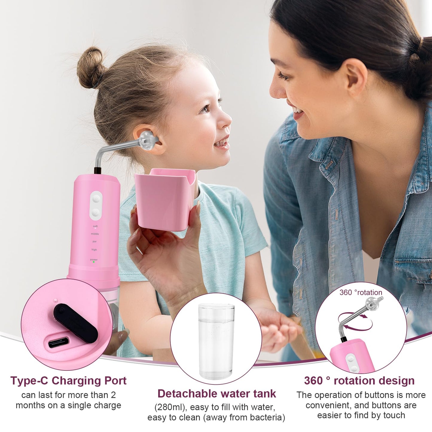 Ear Wax Removal, Electric Ear Irrigation Flushing System, Water Powered Ear Cleaner with 4 Pressure Modes, 6 Reusable Replacement Tips, Safe and Effective Ear Cleaning Tool for Adults (Pink)