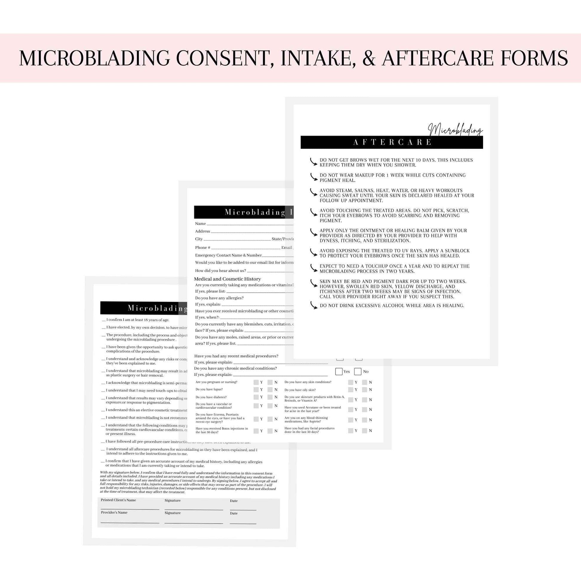Microblading Intake, Consent, and Aftercare Form | 75 Pack | 8.5 x 11" A1 Forms | Clients Signature | Consent Forms for Microblading | Clients Signature | Minimalist Design