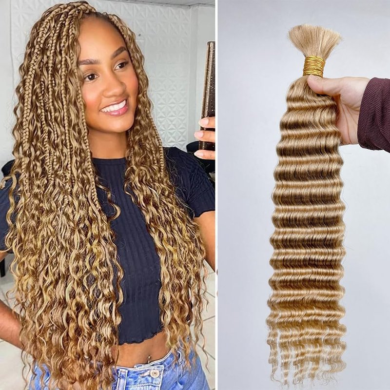 Human Braiding Hair 27#Honer Blonde Deep Wave Bulk Human Hair For Braiding Hair Extensions No Weft 1 Bundle 100g Micro Braiding Human Hair for Boho Knotless Braids Human Hair (16 Inch,27#,100g)