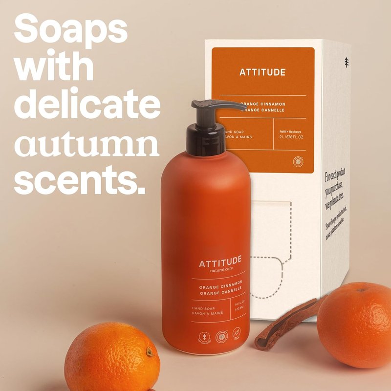 ATTITUDE Liquid Hand Soap Refill - EWG Verified, Plant-Based, Vegan, Orange Cinnamon Scent | 67.6 Fl Oz