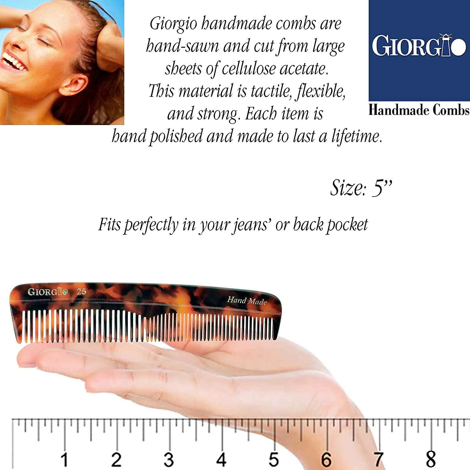 Giorgio Beard Combs Set - Handmade Combs Kit for Everyday Beard and Mustache Grooming - Includes Fine and Wide Tooth Pocket Dresser Comb + Straightening Mustache Comb, Handmade