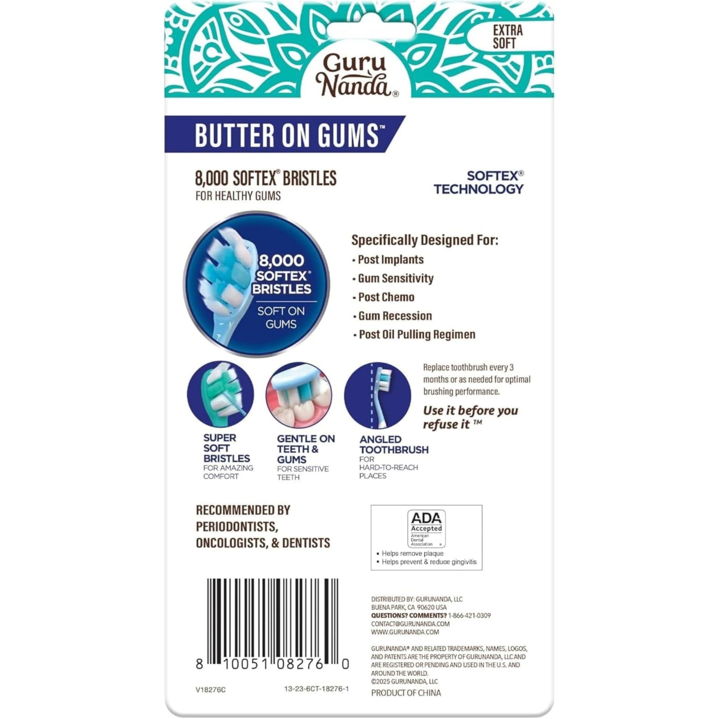 GuruNanda Butter On Gums Toothbrush, ADA Accepted, with 8000+ Ultra Soft Softex Bristles for Sensitive & Receding Gums, Perfect for Whiter Teeth, 6 Ct (Pack of 4)