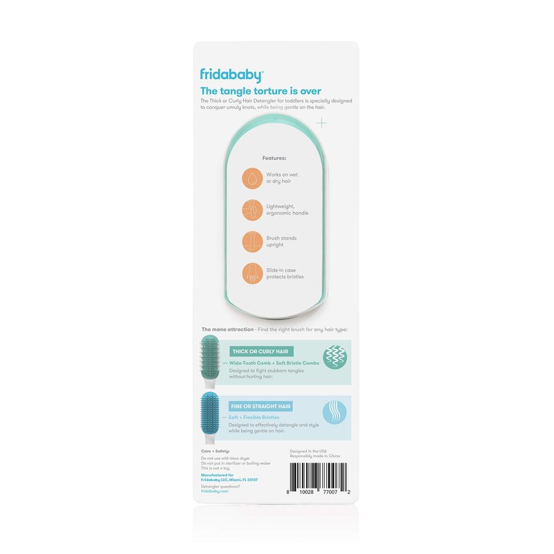 Frida Baby Detangling Hairbrush for Thick or Curly Hair, Toddler Hairbrush, Detangler Brush for Kids, Wide-Tooth Comb & Bristle Combo, Loosens Knots Without Tears or Breakage, Wet or Dry Use, Teal