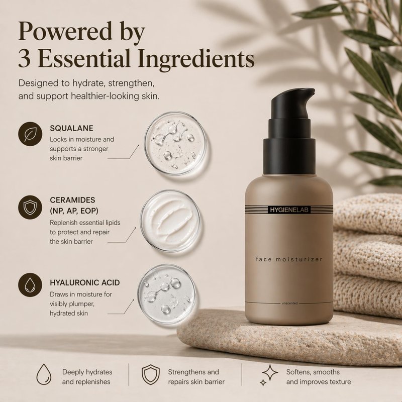 HygieneLab Face Moisturizer - EWG Verified, Unscented, Non-Greasy Hydration with Squalane, Aloe Vera, Ceramides & Hyaluronic Acid - 1.7 fl oz