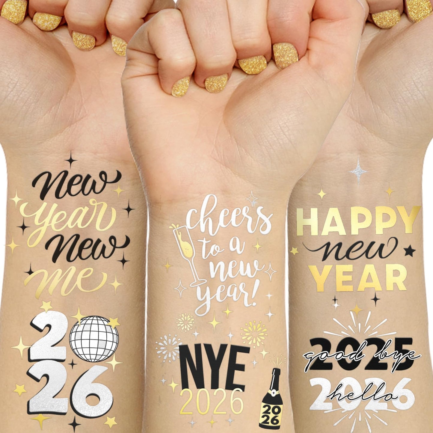 Ovasorve New Years Eve Party Supplies 2026 Temporary Tattoos 40 Gold Silver Foil Styles NYE Party Favors Happy New Years Decorations 2026 NYE Decor