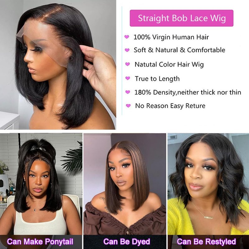 Short Bob Wig Human Hair Straight Wigs for Black Women 13x6 Lace Front Wigs Human Hair 180% Density Brazilian Bob Human Hair Wigs for Beginner Side Part (Natural Color 13x6 Straight Bob, 8 Inch)