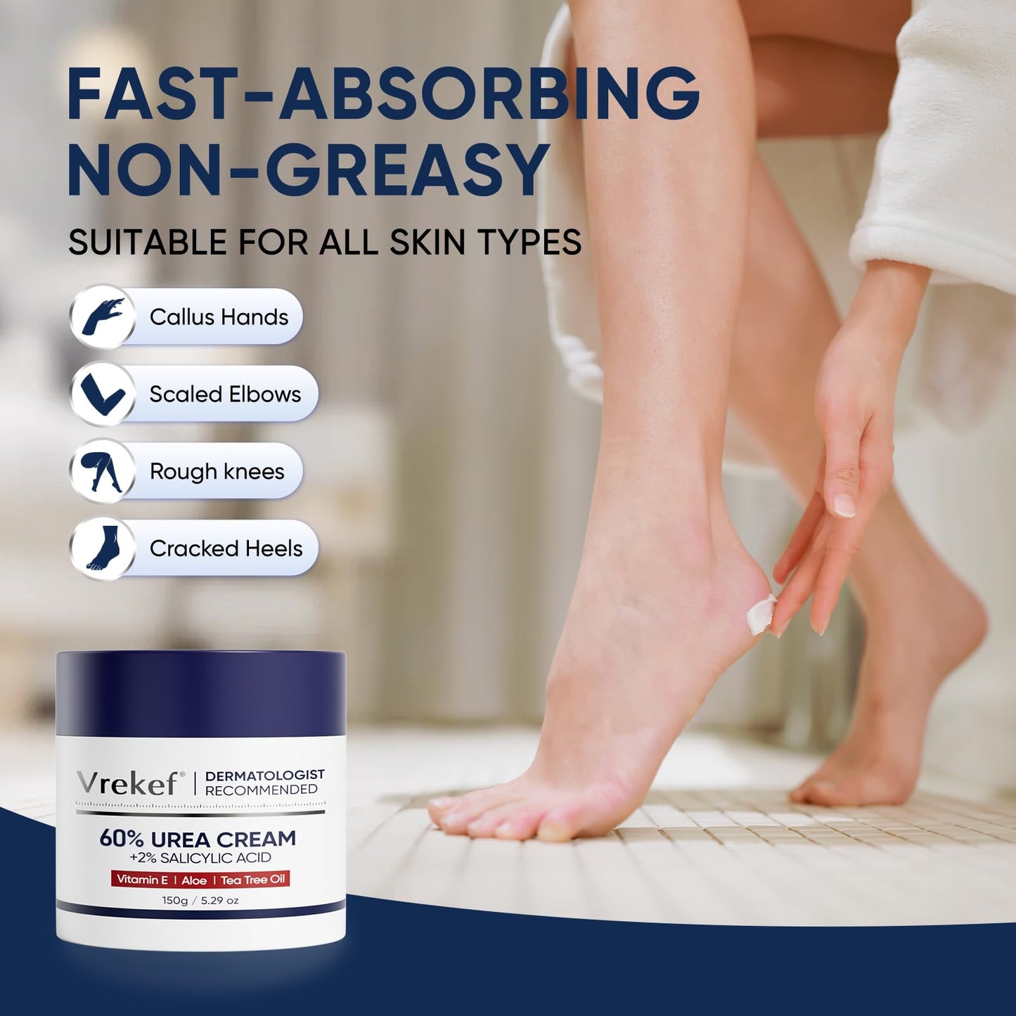 VREKEF Urea Cream 60% with 2% Salicylic Acid, Urea Cream 60 Percent for Feet Maximum Strength, Foot Cream & Callus Remover for Dry Cracked Heels, Rough Thick Skin, Deep Hydration, 5.29 oz