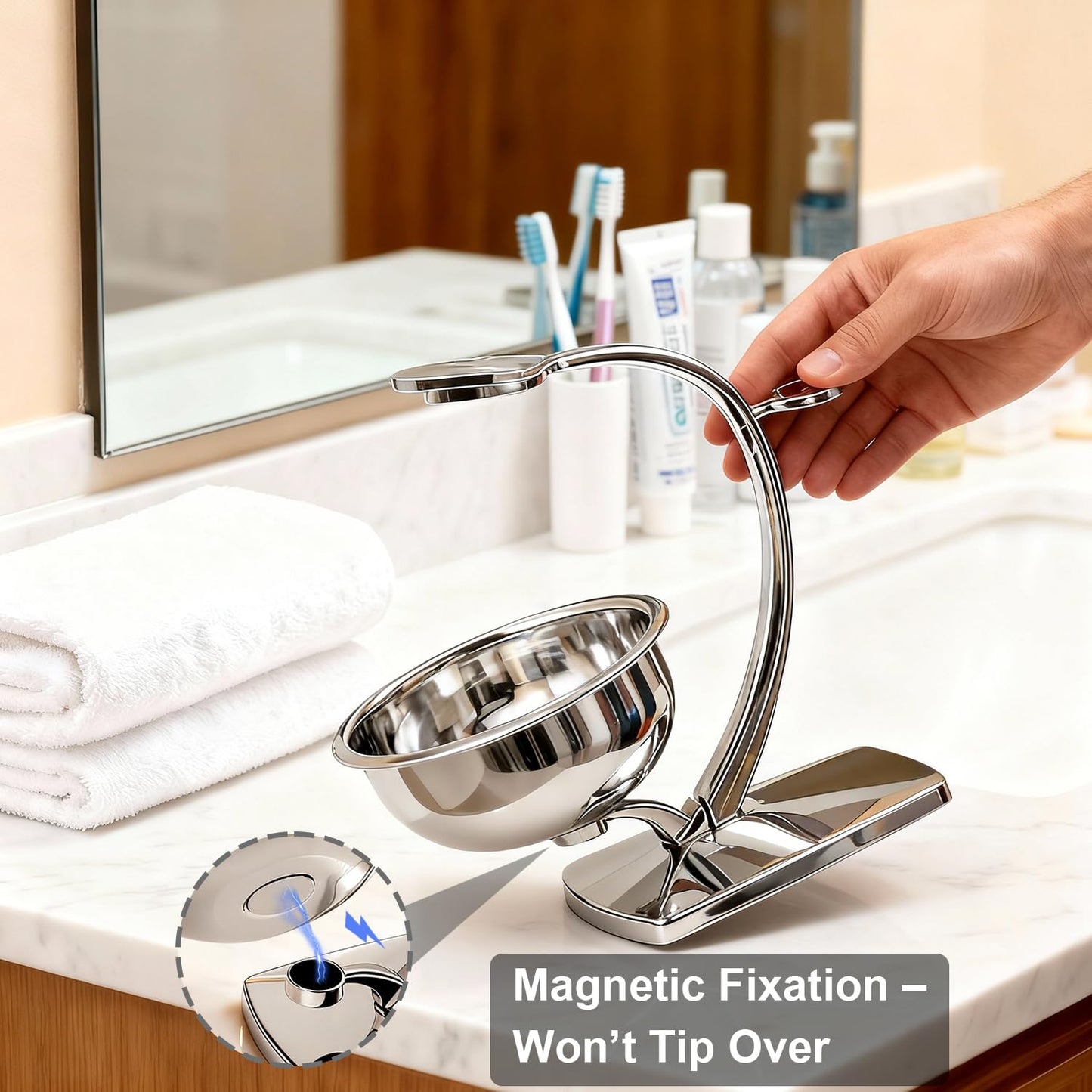 Shaving Bowl Set - 3-Piece Magnetic Base with Chrome Stand & Synthetic Brush | Razor Not Included