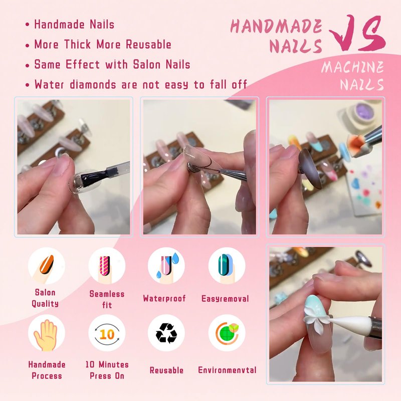 Vanpaga Handmade Square Coffin Press on Nails – Ocean Ombre Blue Bronze Nails with 3D Carved Flower & Gold Foil, Reusable Glossy Stick on Fake Nails, 10pcs Acrylic Nail Set with Tool Kit (Size L)