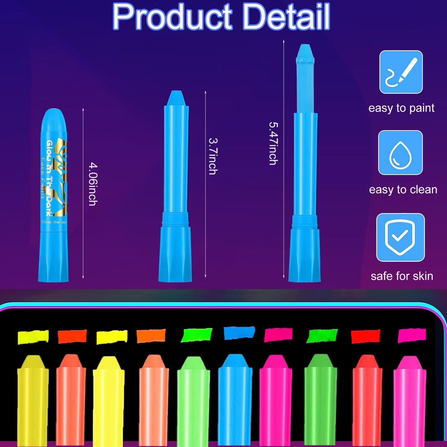 10 Color Glow in The UV Black Light Face Body Paint for Adult, Blacklight Glow Sticks Makeup Neon Face Painting Kits for Halloween Glow Party Supplies