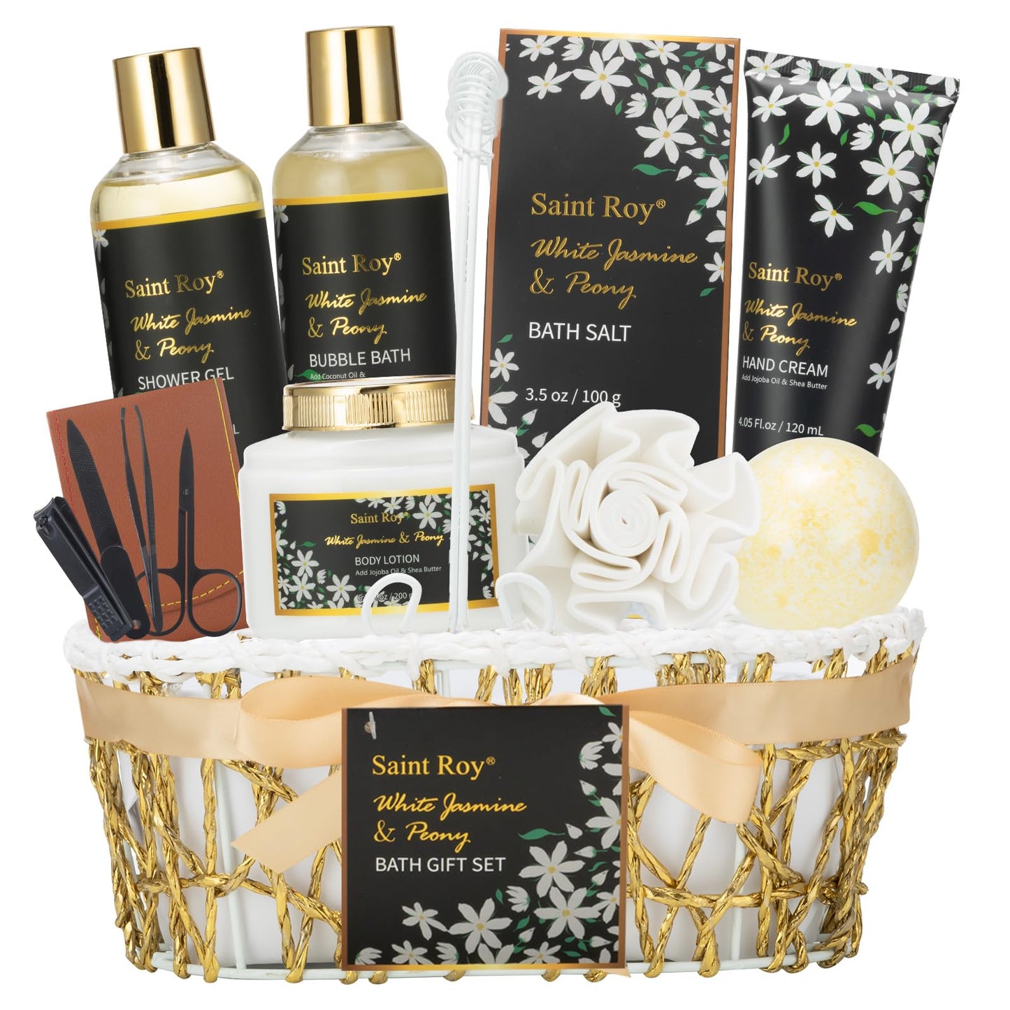 Mothers Day Gifts for Women Spa Day Gifts for Women, White Jasmine Peony Spa Gift Basket Set, Self-Care Relaxation Bath Kit, Nail Clippers, Bath & Body Care Set, Birthday, Christmas, Anniversary