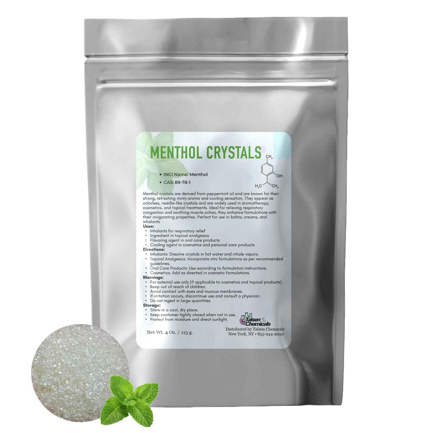 Menthol Crystal Cosmetic Grade - 8 Oz / 226 Grams - Menthol Crystals Organic 100% Pure Peppermint Extract for DIY Cosmetics - Menthol Crystals for Shower Steamers,Creams & Soaps by Talsen Chemicals