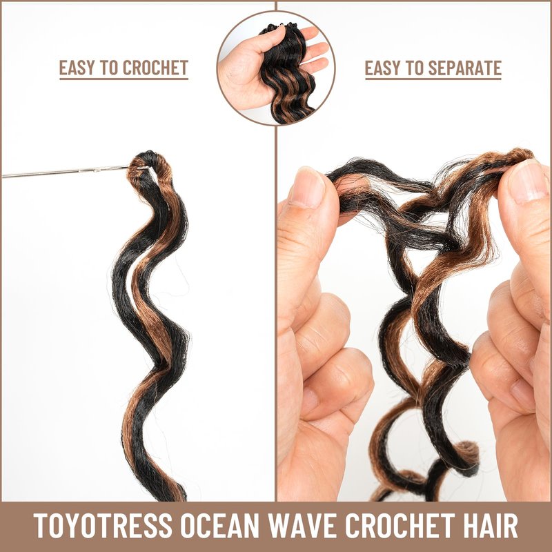 Toyotress Ocean Wave Crochet Hair - 14 Inch 8 Packs Black Mix Brown Highlight Crochet Braids Deep Twist Synthetic Braiding Hair Extensions (14 Inch, P1B/30-8P)