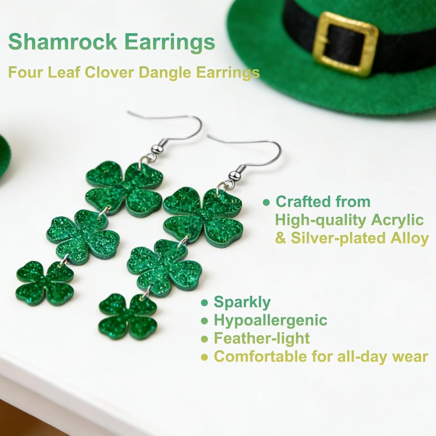 Go Ho Green Face Body Glitter,Shamrock Dangle Earrings for Women and Shamrock Sunglasses Set,St Patricks Day Accessories,St Patricks Day Shirts Outfits for Women