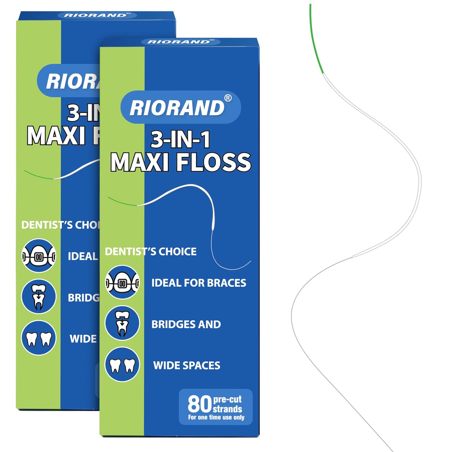 RioRand 3-in-1 Orthodontic Floss Threaders for Braces, Bridges & Implants - Pre-Cut Strands with Stiffened End & Spongy Expanding Floss, PFAS-Free 160 Count (Pack of 2)
