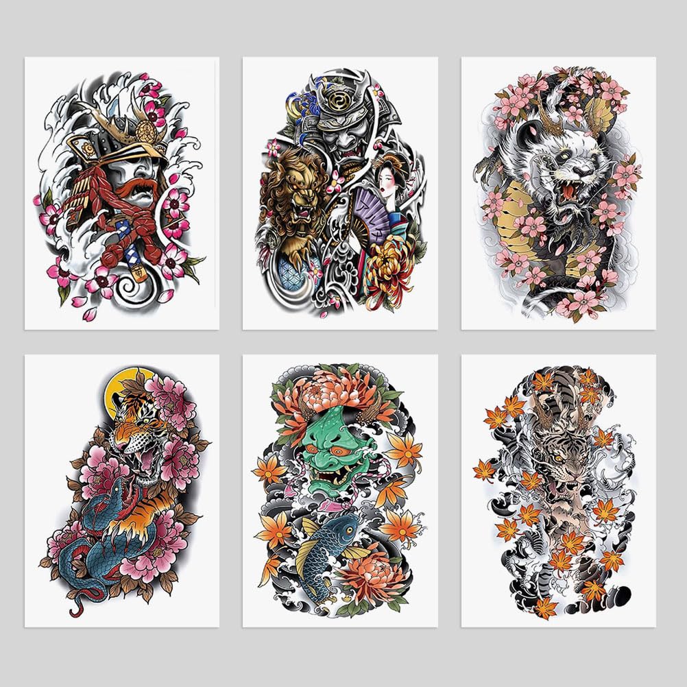 Oottati 6 Sheets Arm Fake Waterproof Temporary Tattoos Stickers Colorful Japanese Prajna Tiger Panda Lotus Koi Carp Samurai