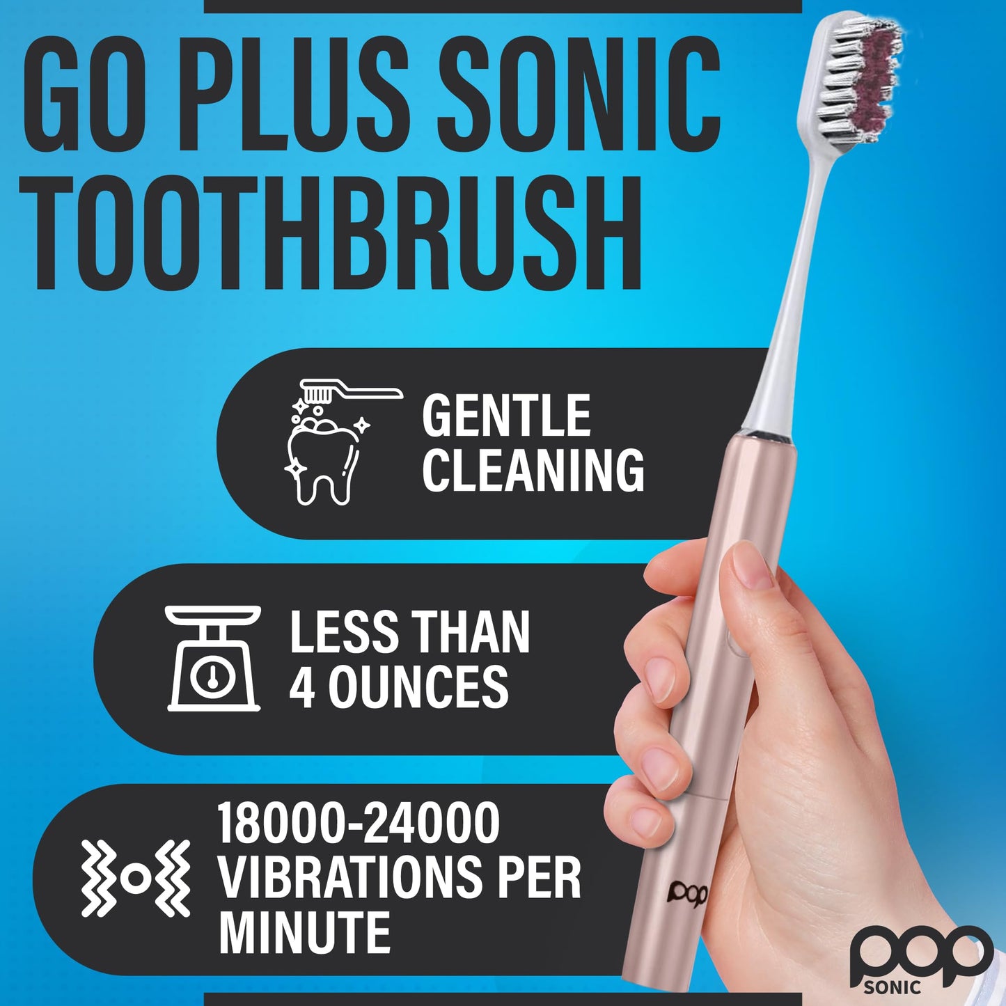 Pop Sonic Electric Toothbrush – Electric Toothbrush for Adults – Bathroom Essentials & Travel Essentials – Dupont Nylon Bristles –18000-24000 Strokes/Min w/AAA Battery – 2 Speed – Go Plus (Rose Gold)