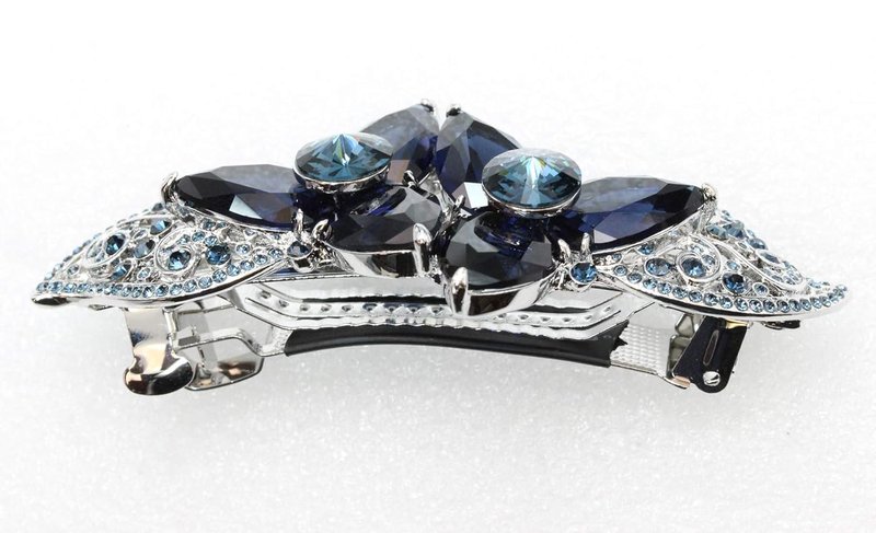 Navy Blue CZ Crystal Floral Hair Barrette Clip - Heavy Duty Design