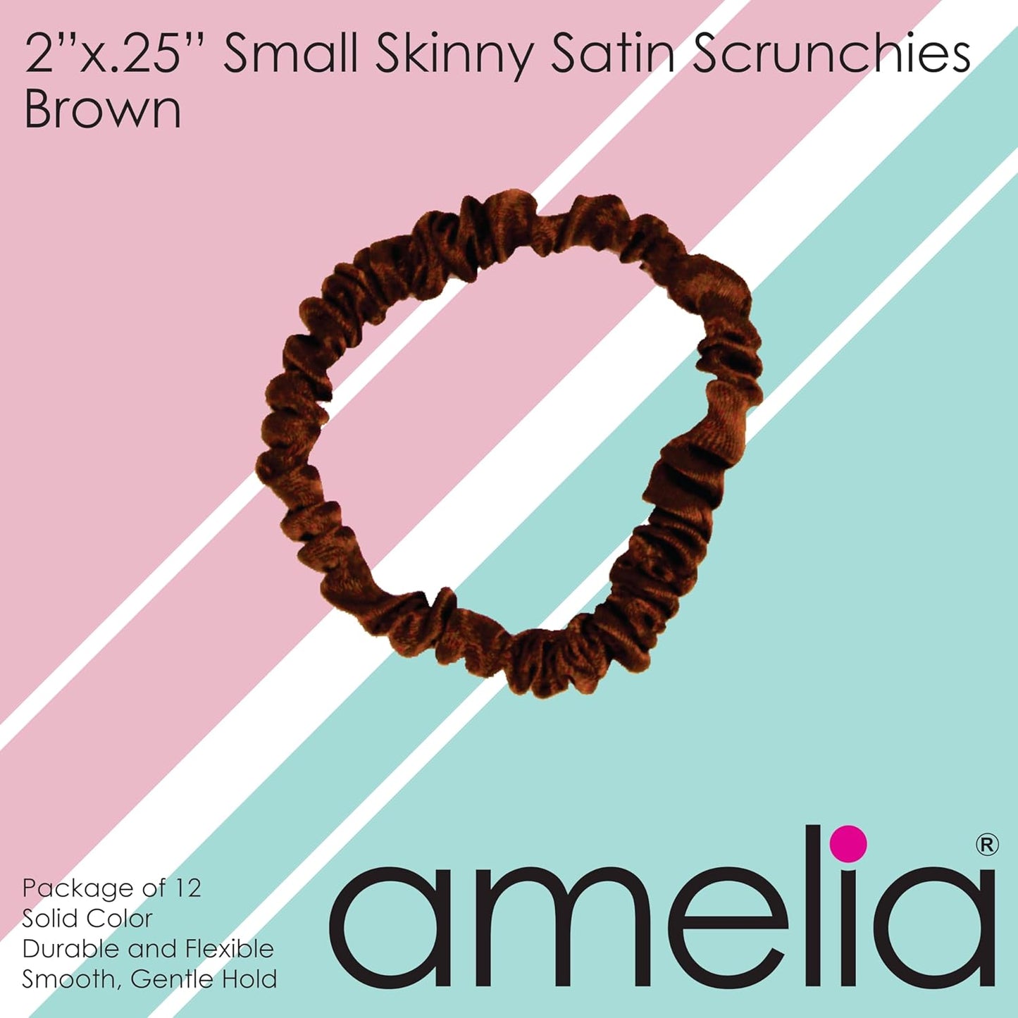 Amelia Beauty, Black, Skinny Satin Scrunchies, 12 Pack – 2in Diameter, Gentle & Strong Hold, No-Snag, No-Dent, Crease-Free Hair Ties