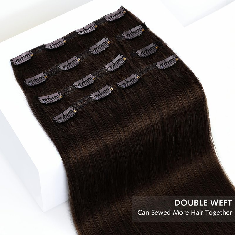 Rose bud Clip in Hair Extensions Real Human Hair 7Pcs 16Clips 14Inch 130g Natural Thick Hair Extensions Human Hair Dark Brown