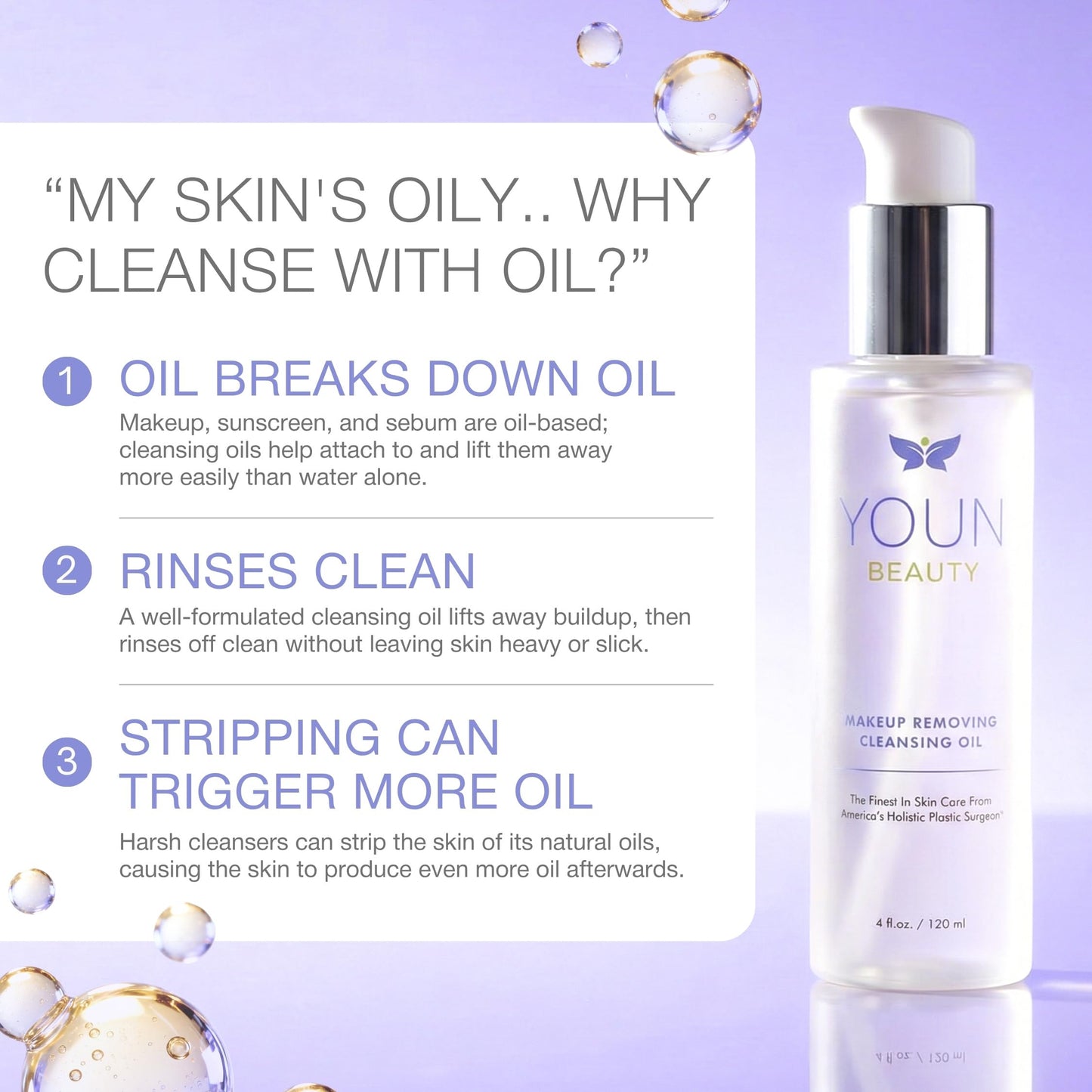 YOUN Beauty Makeup Removing Cleansing Oil by Holisitic Plastic Surgeon Dr. Anthony Youn | Hydrating Cleanser with Grape Seed, Sunflower & Rose Hip Oils | For All Skin Types, 120 ml