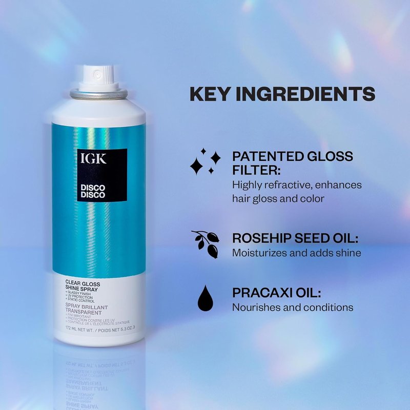 IGK Disco Clear Gloss Shine Spray - High-Shine Finishing Spray with UV Protection | Vegan & Cruelty-Free