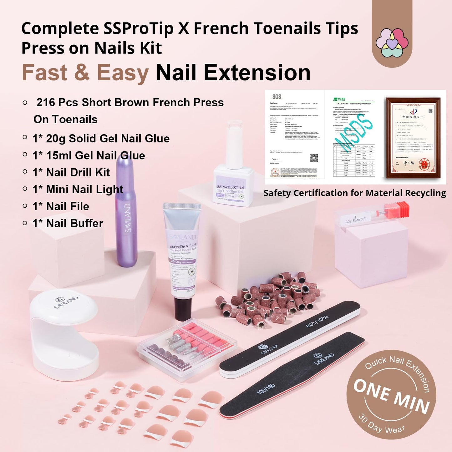 SAVILAND Gel Toe Nail Kit: 18 Sizes Nude Press-On Toenails for Women with Drill, 216 Nude Toe Nail Press Ons, U V Lamp and Nail Glue Gels, Gel Nail X Kit Tools for Manicure Gift