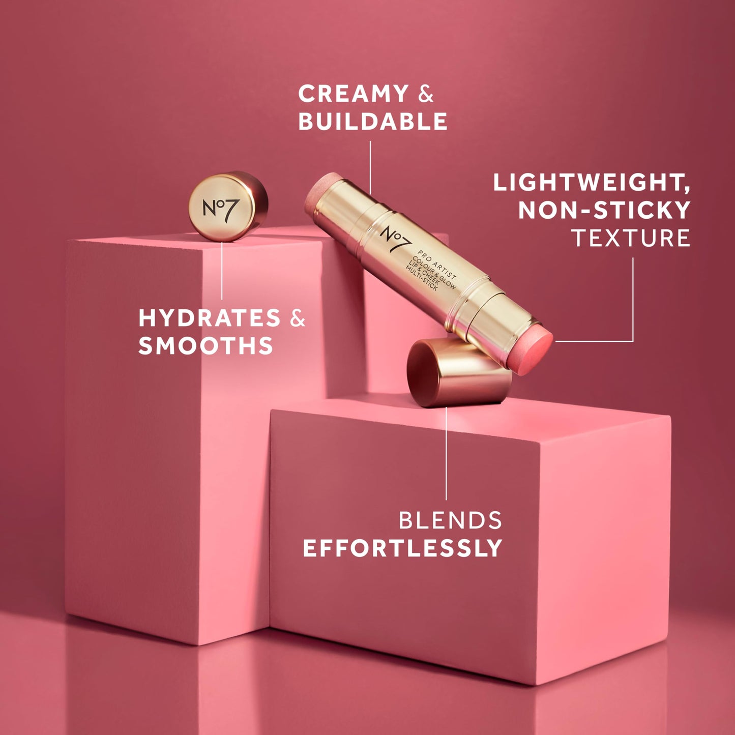 No7 Pro Artist Color & Glow Cream Blush Stick - Dual-Ended Blush for Cheeks, Eyes & Lips - Delivers Soft-Focus Radiance and Buildable Color - Rose Pink/Pearl Glow (10g)