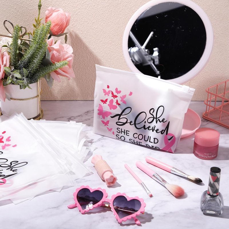 Breast Cancer Awareness Makeup Bags - Pink Ribbon Zippered Cosmetic Pouches | 100 Pieces, EVA Waterproof Toiletry Bags for Charity Events