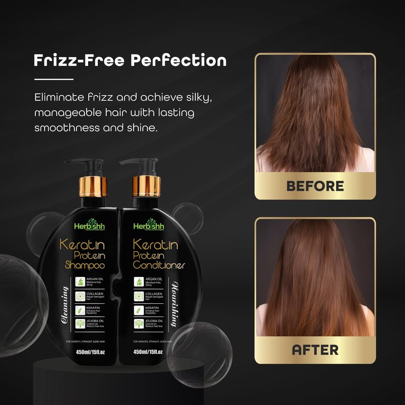Herbishh Keratin Shampoo and Conditioner Set Anti Frizz (15 fl.oz Each) Sulfate and Paraben Free Shampoo and Conditioner Hydrating & Nourishing Enriched For Colored Treated Dry, Damaged and Dull Hair