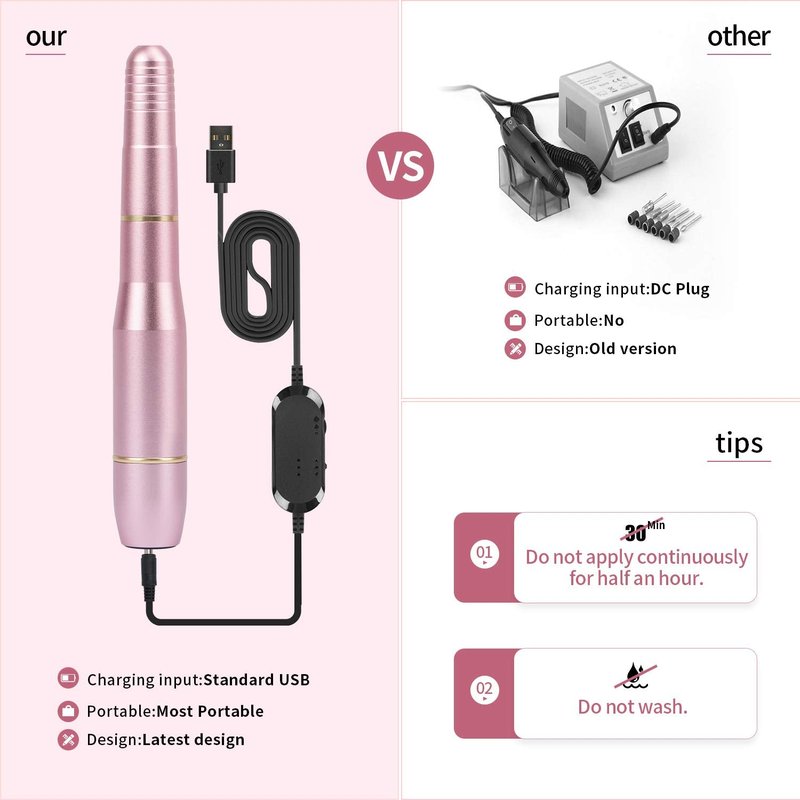 DMD Portable Electric Dip Nail Drill Kit Hinder Professional Nail Drill 20000 RPM USB Machine for Acrylic Nails Removal with One Ceramic Burr and 100 Pcs Sanding Bands