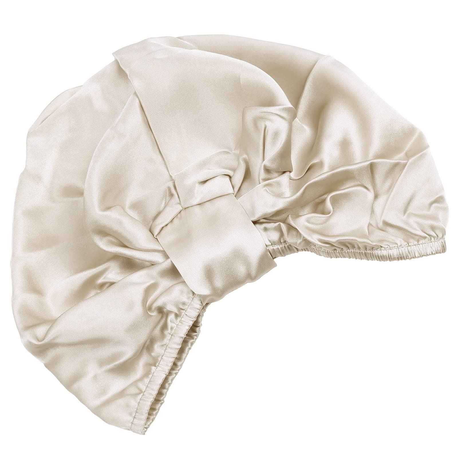 Sportmusies Mulberry Silk Sleep Cap Hair Care Elastic Ruched Nightcap for Long Hair Breathable Satin Bonnet, Khaki