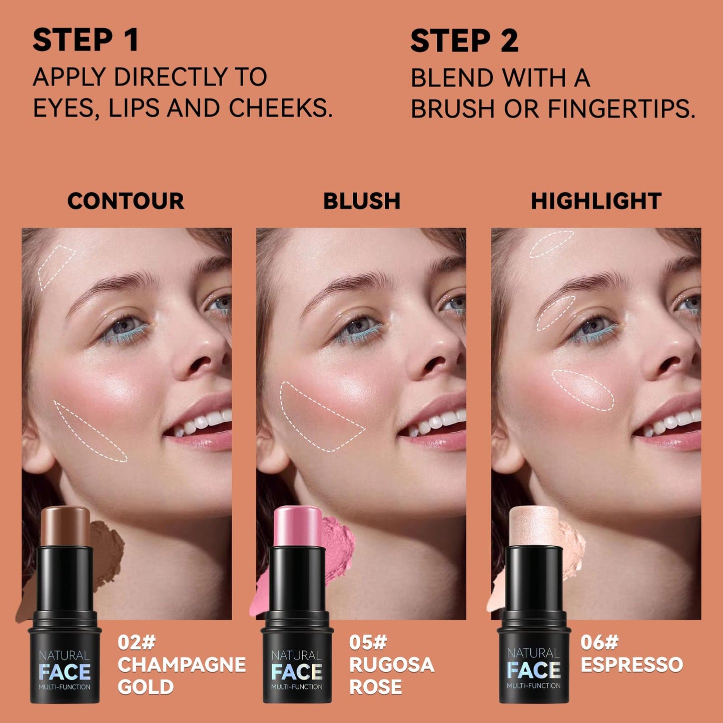 3Pcs Cream Contour Stick Makeup Kit, Shades with Highlighter, Blush and Bronzer Contour Stick for Sculpt the Cheeks, Long Lasting, Waterproof, Matte & Dewy Finish (LIGHT MEDIUM(2+5+6))