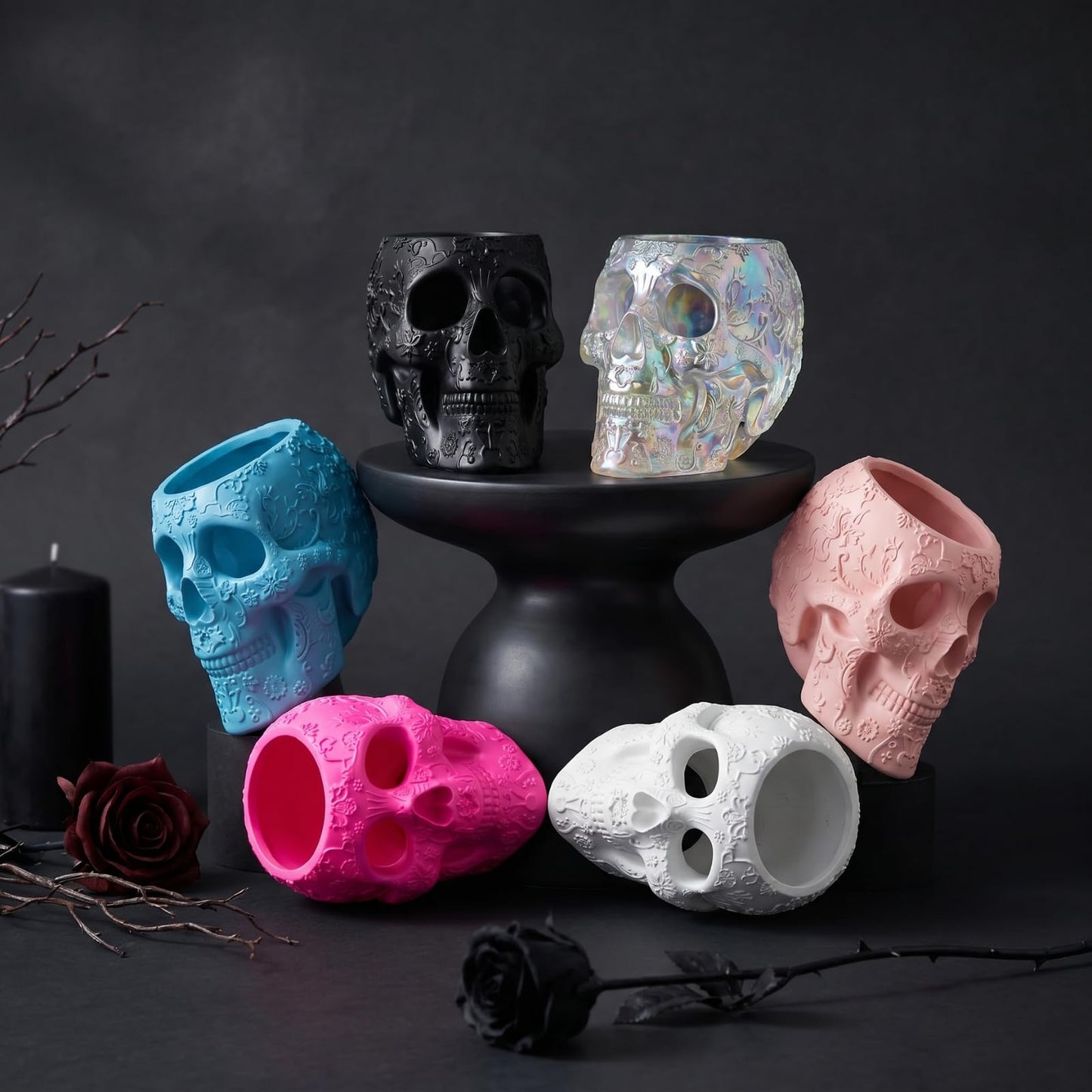 Skull Makeup Brush Holder, Pen Holder, Vanity, Desk, Office Organizer, Stationary, Decor Planter, Candy Bowl, Goth Decorations, Extra Large, Skulls Gothic Skull & Bones Organizer Bathroom (Cloud Pink)