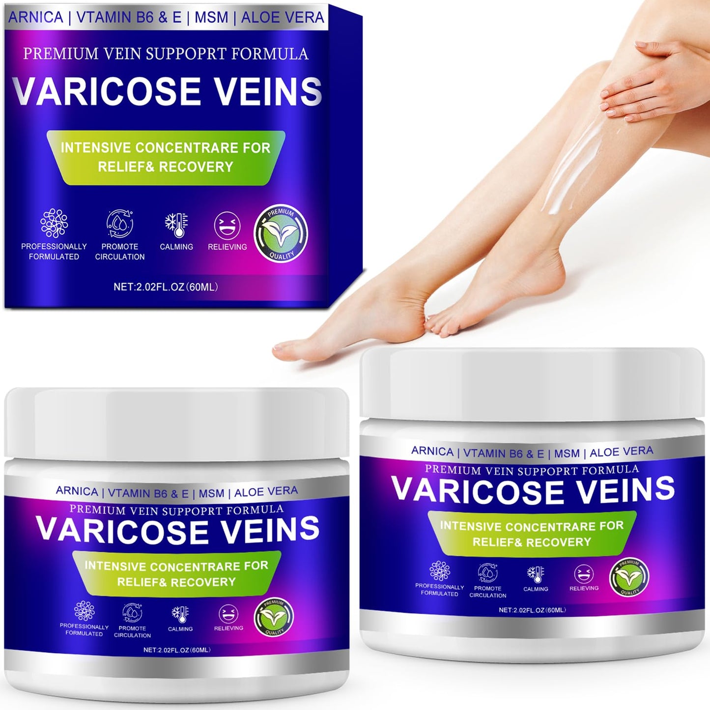Varicose Veins Cream for Legs, Vein Cream for Spider Veins Appearance, Arnica Leg Cream with Aloe Vera, Non-Sticky Moisturizer for Tired Heavy Legs, Refreshing Daily Leg Care, （3 Pack, Blue)