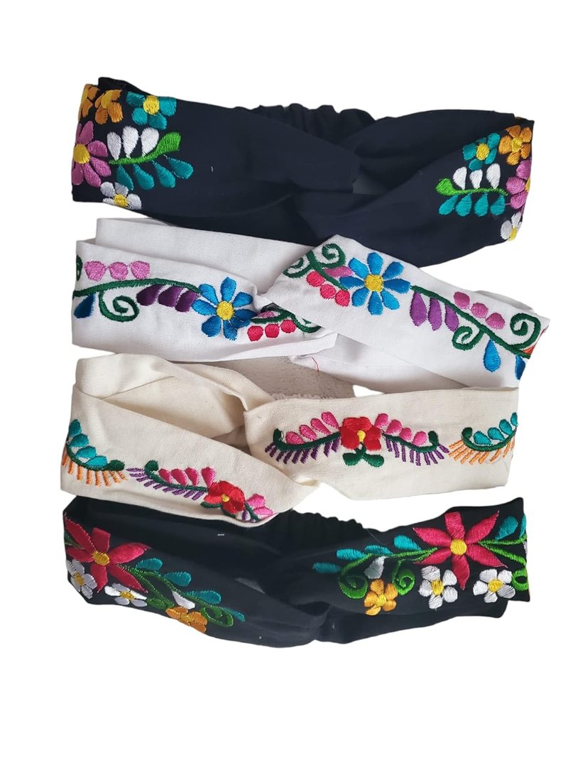 Colorful Mexican Flower Headband - Embroidered Boho Floral Accessory for Women | Black and White