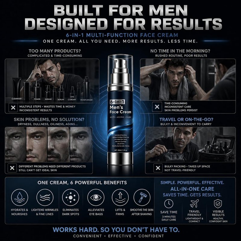 WAESKI 6-in-1 Face Cream for Men, Anti-Aging Moisturizer with Collagen, Hyaluronic Acid and Shea Butter, Reduces Wrinkles, Dark Circles and Puffiness, Men's Formula Daily Care 1.76 fl oz (1)