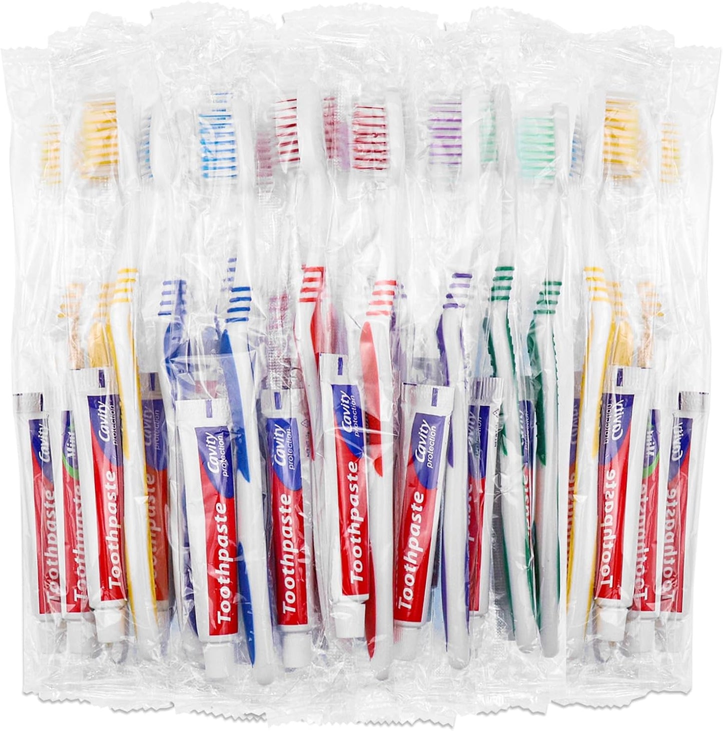 Disposable Toothbrush Set - 50 Individually Wrapped Toothbrushes with Toothpaste & Soap | 5 Colors, 0.5 oz Bars