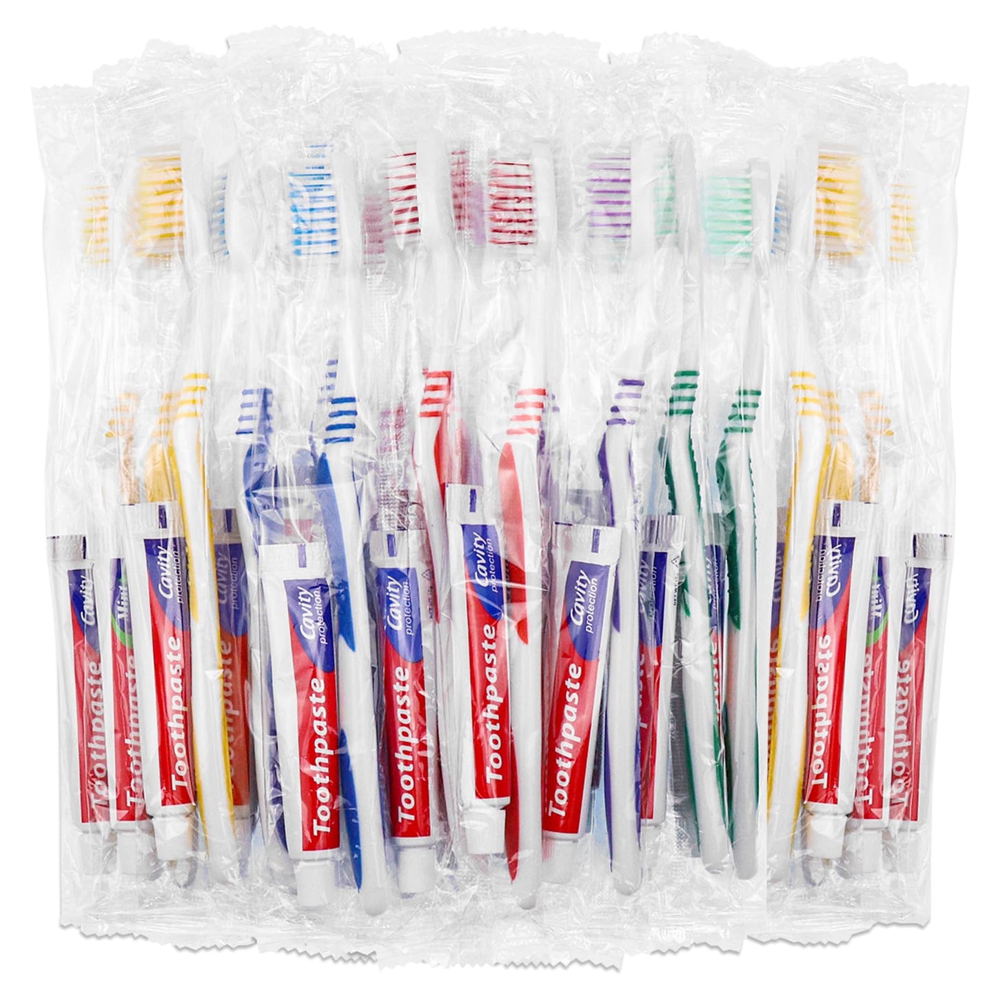 SLequipo 100 Set Disposable Toothbrushes with Toothpaste and Soap Individually Wrapped, 100 pcs Toothbrushes 5 Colors with 100 pcs Bar Soap(0.5 oz)