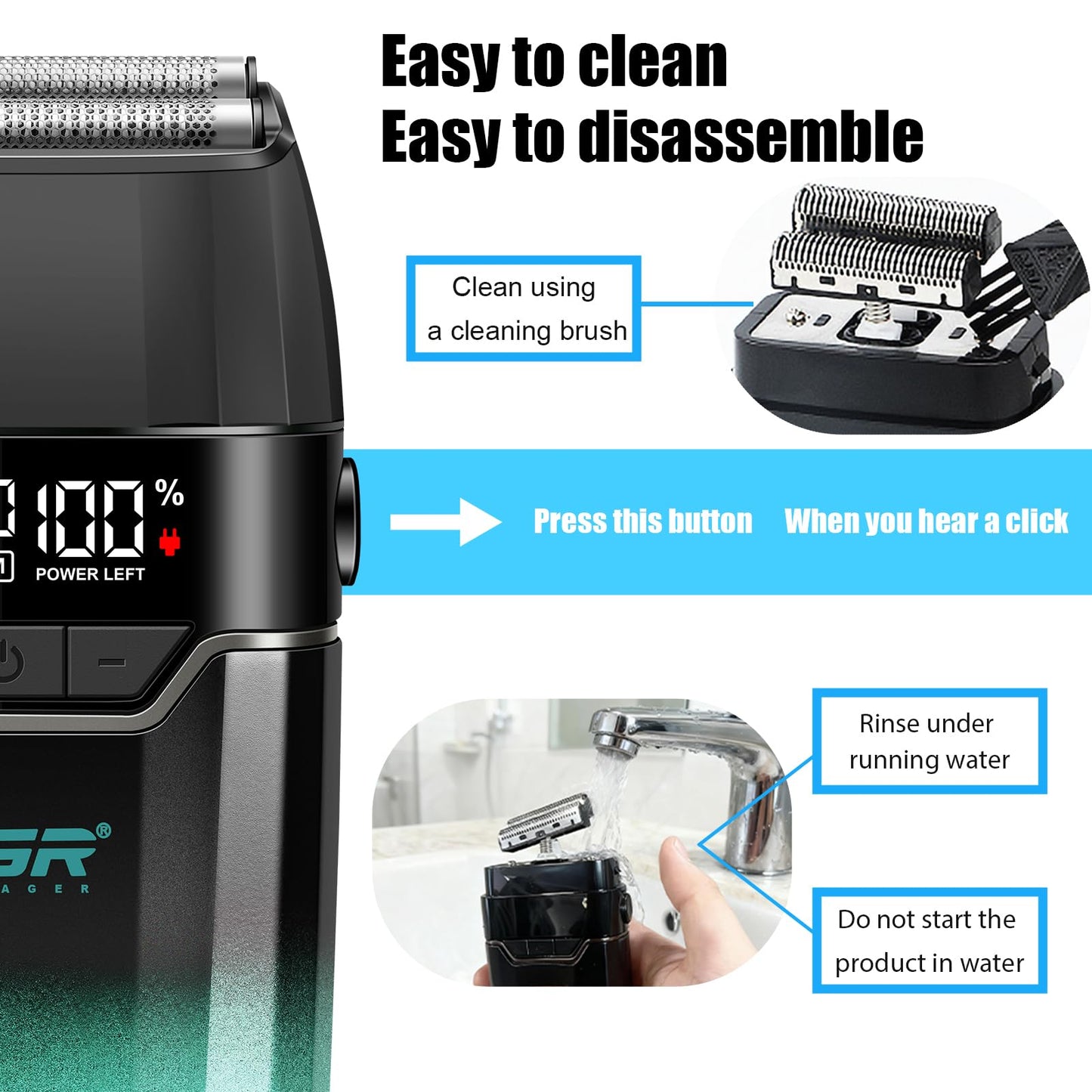 VGR 308 Electric Shavers for Men, Professional Double Foil Shaver 9000RPM Cordless Head Shaver with Titanium Foils, LED Display, USB Rechargeable Men's Electric Razor for Face & Beard, Green