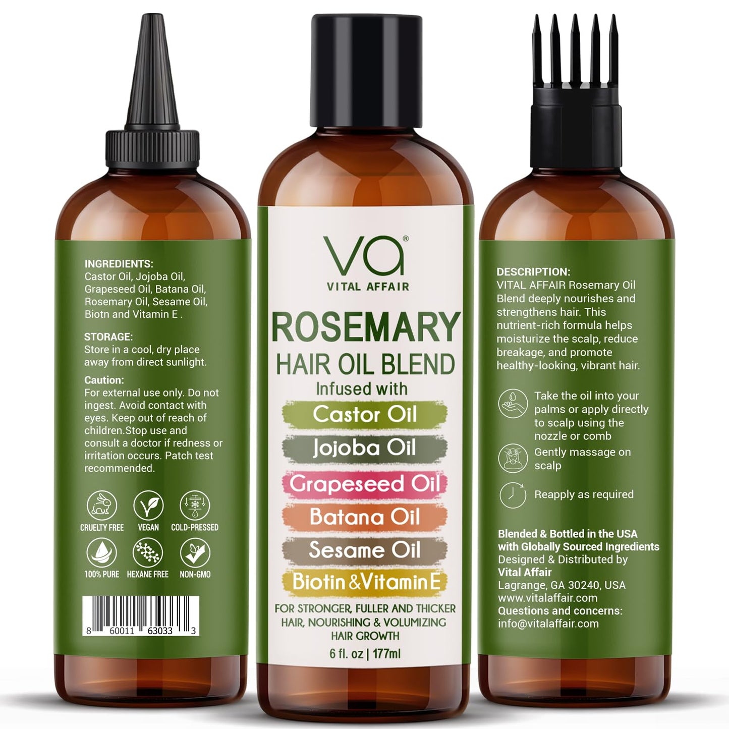 Blend Of Pure Rosemary Oil For Hair Growth With Castor, Batana, Jojoba Oil-Infused With Biotin & Vitamin E-Blend of Effective Hair Oils for Hair Growth-Strengthening Treatment-By Vital Affair-6 Fl Oz