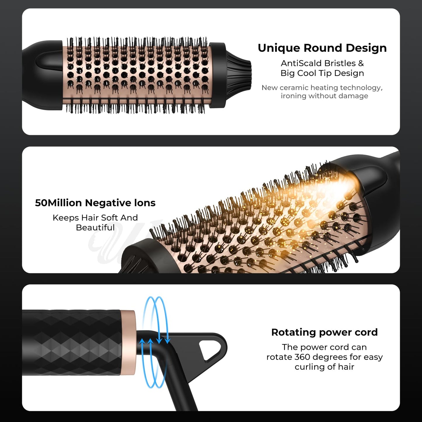 Rose Romee Thermal Brush, Heated Round Brush, 1 1/2 inch Hot Round Brush Curling Iron with Ceramic Tourmaline and PTC Heater, Detachable Brush Head with Dual Voltage for Travel