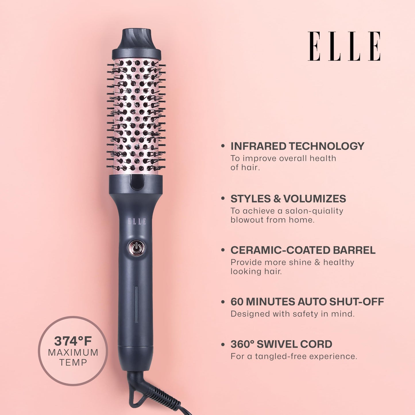 Elle - Infrared Heated Round Brush, Gentle Heat Effortless Volume and Shine (Black)