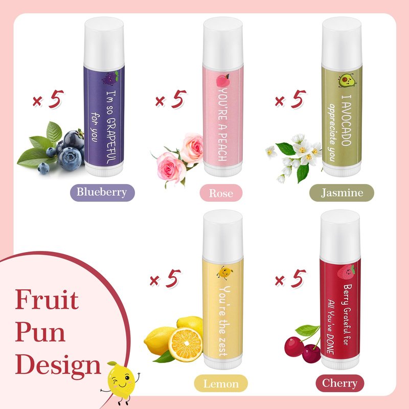 Loetere 30 Sets Moisturizing Lip Balms Bulk Employee Appreciation Gifts with Fruit Pun Keychains and Organza Bags for Coworker Teacher Appreciation Thank You Gifts
