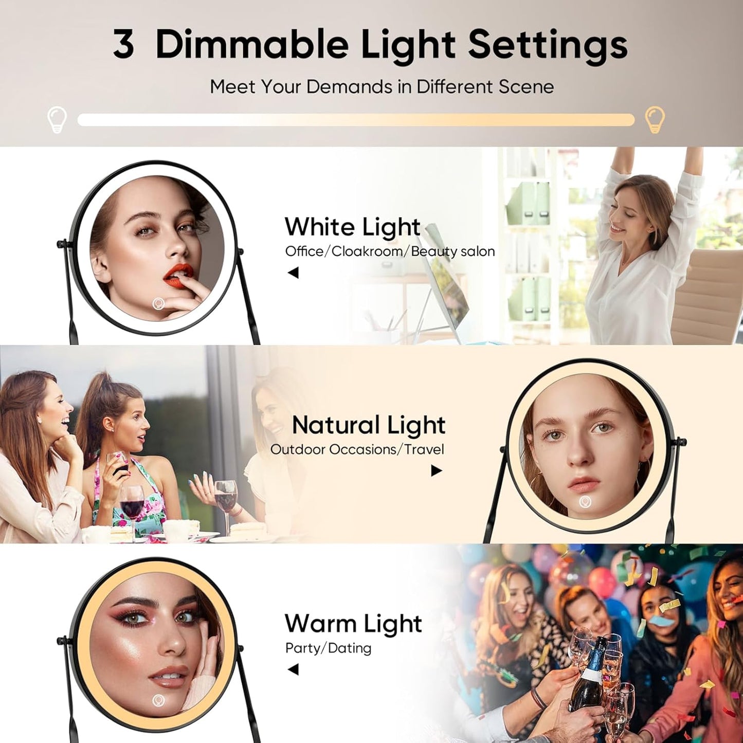 DOWRY 8.5'' Lighted Makeup Vanity Mirror - Rechargeable 1x/10x Magnification, Adjustable 3-Color Brightness, 360° Rotation
