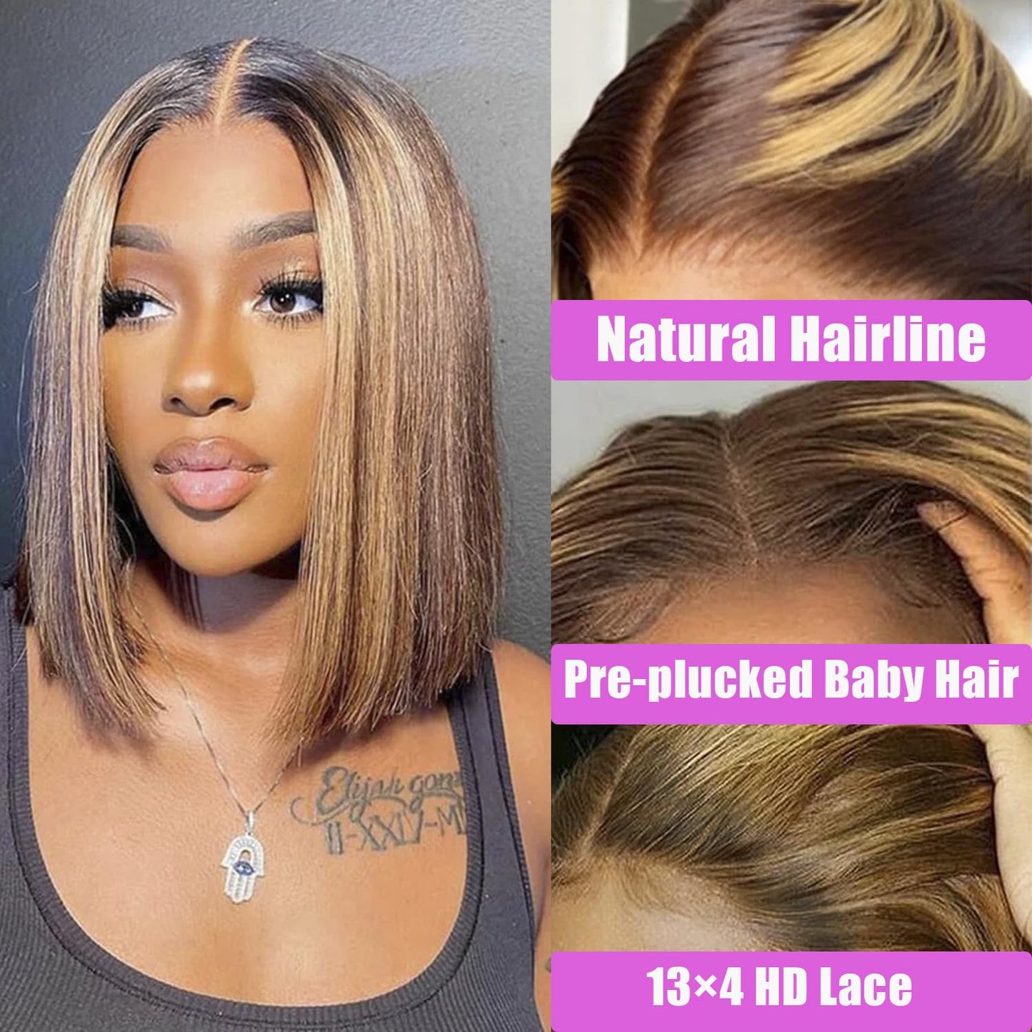 Hertune 8 inch Honey Blonde Bob wig Human Hair 4/27 Highlight Bob Lace Front Wigs Human Hair 180% Density 13x4 HD Frontal Lace Wigs Pre Plucked Ombre Color Short Straight Bob Wigs for Black Women