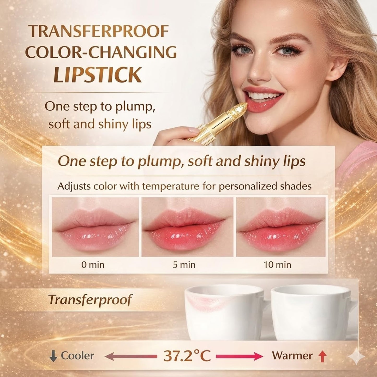Color Changing Lipstick, Gold Crystal pH Color-Changing Lipstick 24HR Transferproof Lip Gloss,Moisturizing Tinted Lip Balm,Mother's Day & Birthday Gifts, Teacher Gifts for Women (2Count (Pack of 2))