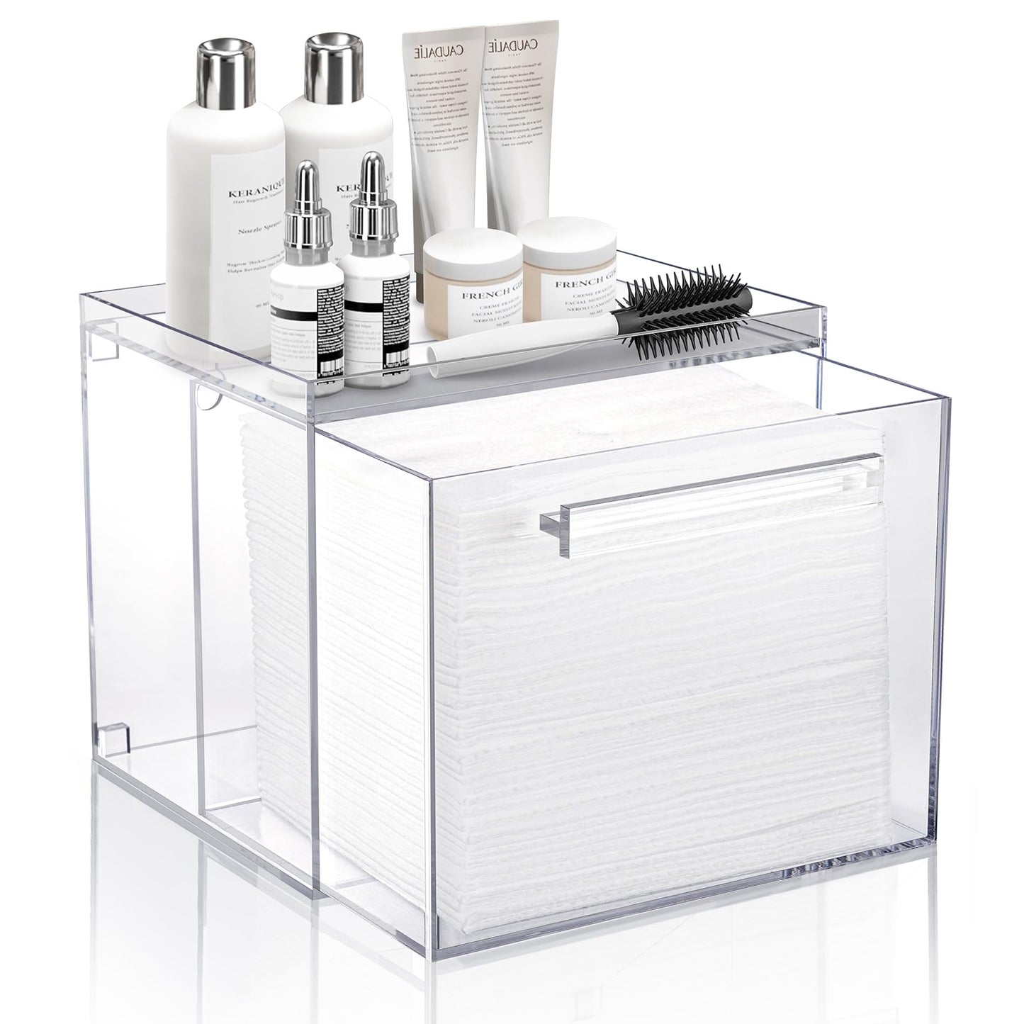 TAINESS Acrylic Disposable Face Towels Holder Compatible with Clean Skin Club Towel XL - Clear Storage Box Wall-Mounted Cosmetic & Skin Care Organizer with Drawer for Bathroom Vanity